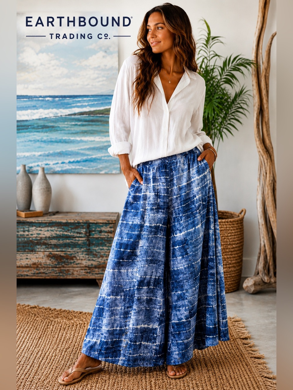 Earthbound Trading Co Blue Shibori Palazzo Pants Boho Resortwear EUC Size S